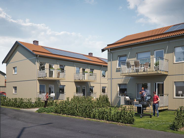 Illustration av de nya lägenheterna i BoKlok Pysslingen, Växjö. Alla med egen balkong/altan. 