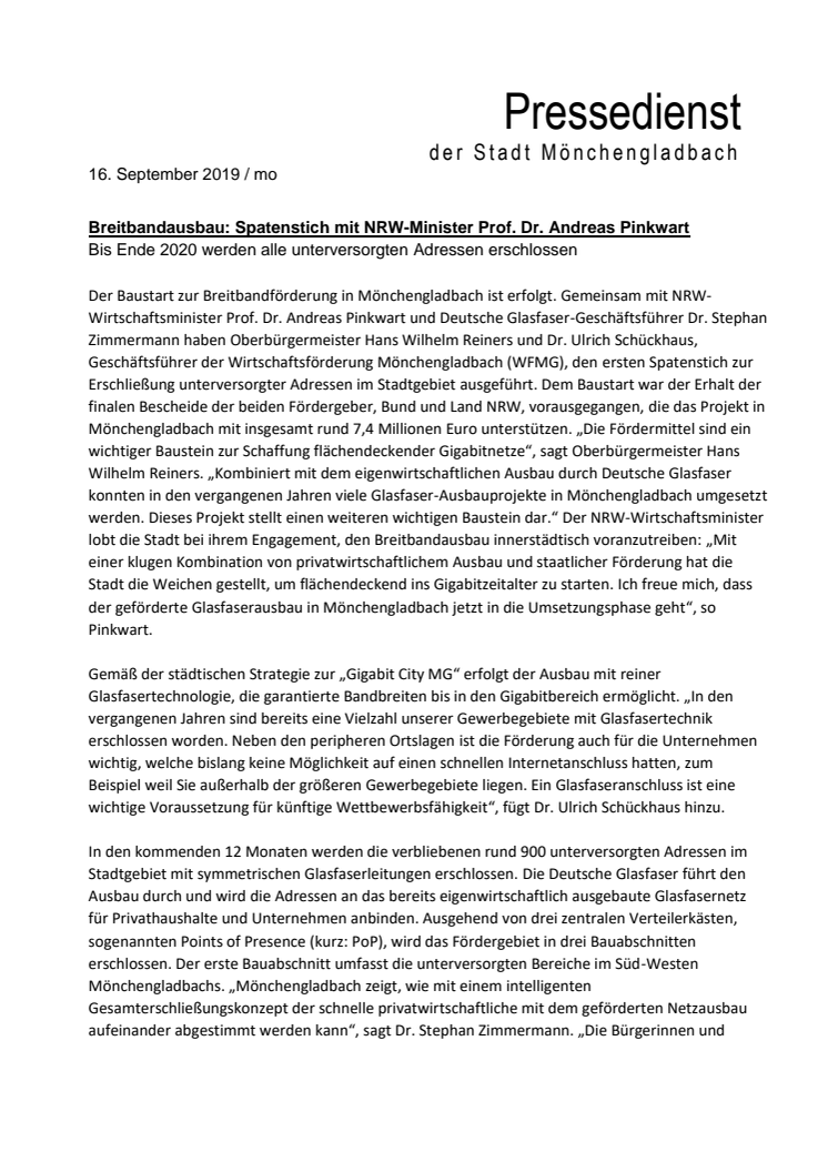 Breitbandausbau Mönchengladbach: Spatenstich mit NRW-Minister Prof. Dr. Andreas Pinkwart