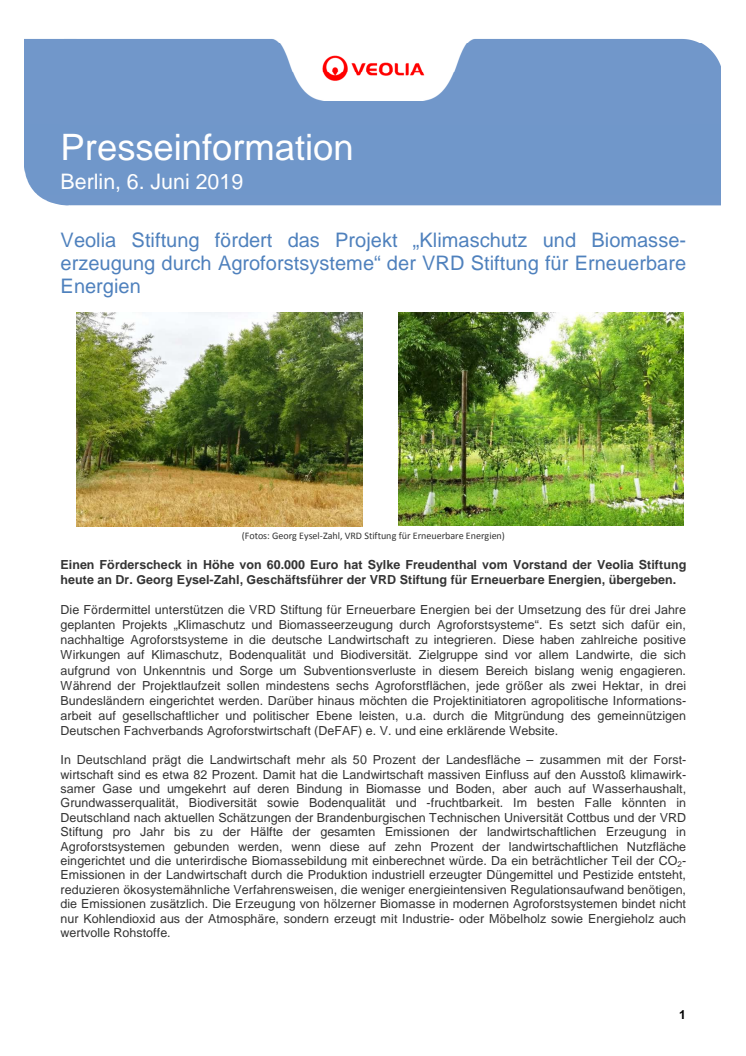 Veolia Stiftung fördert das Projekt „Klimaschutz und Biomasseerzeugung durch Agroforstsysteme“ der VRD Stiftung für Erneuerbare Energien
