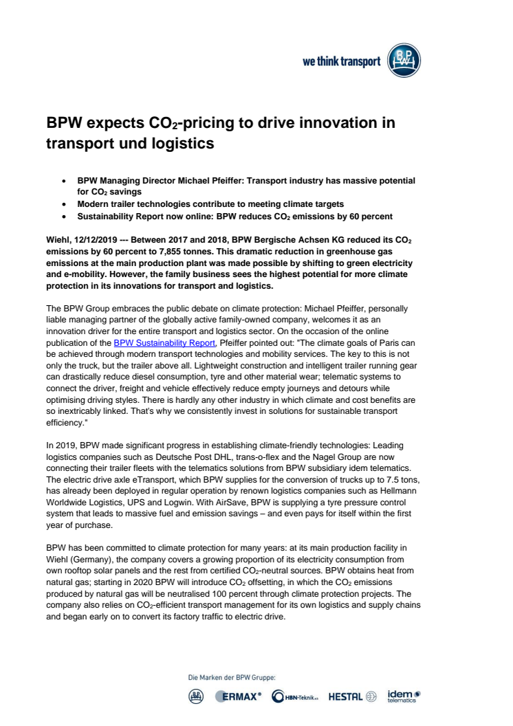 BPW expects CO2-pricing to drive innovation in transport and logistics