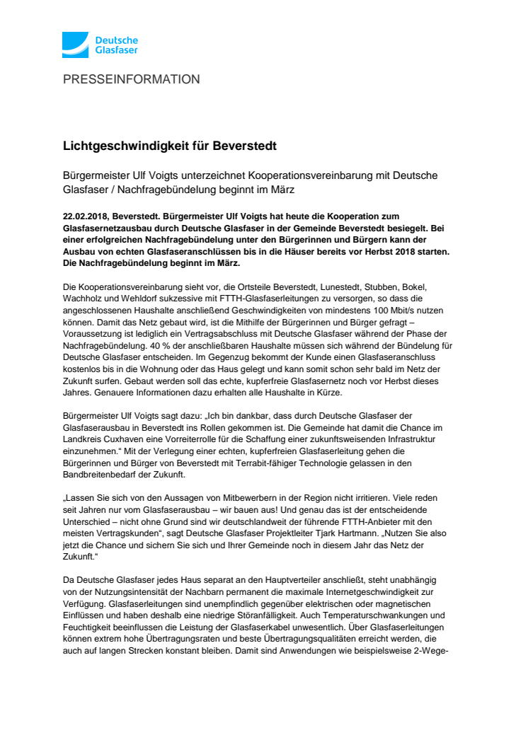 Lichtgeschwindigkeit für Beverstedt - Bürgermeister Ulf Voigts unterzeichnet Kooperationsvereinbarung mit Deutsche Glasfaser