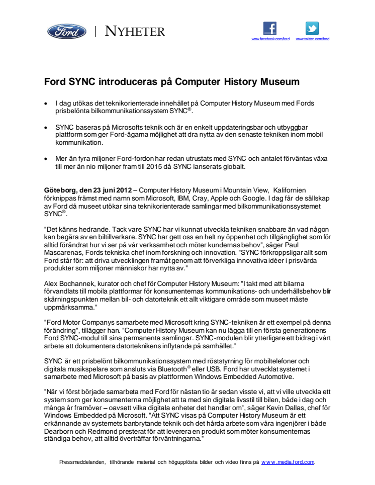 Ford SYNC introduceras på Computer History Museum