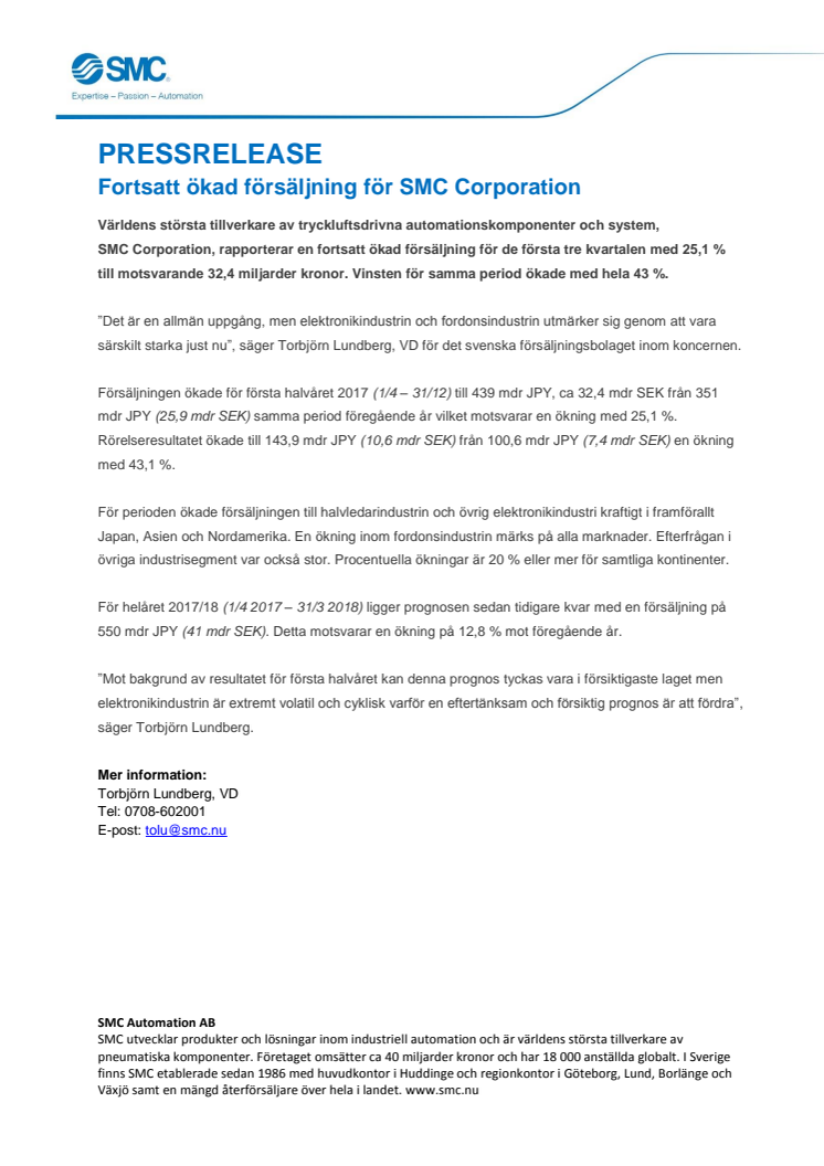 Fortsatt ökad försäljning för SMC Corporation