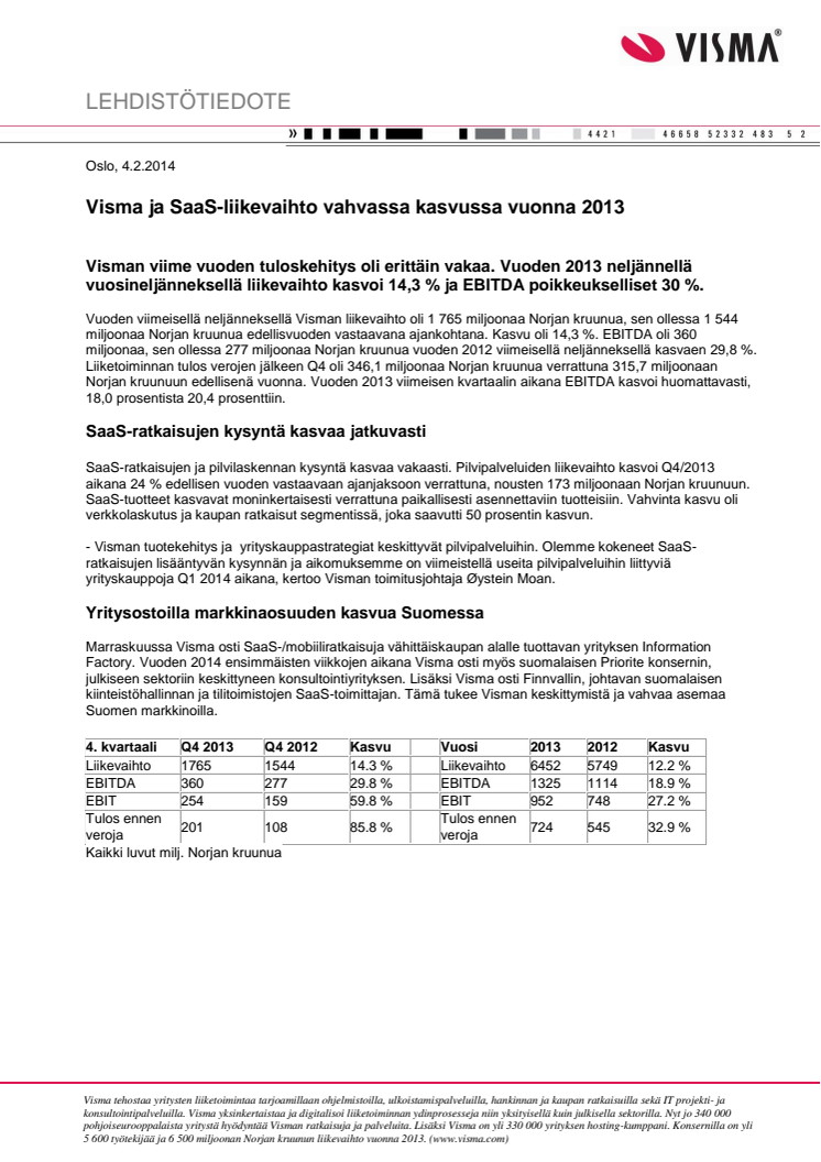 Visma ja SaaS-liikevaihto vahvassa kasvussa vuonna 2013  