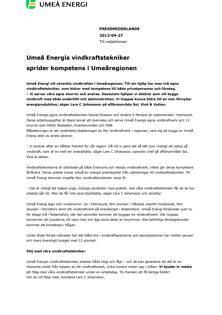 Umeå Energis vindkraftstekniker sprider kompetens i Umeåregionen