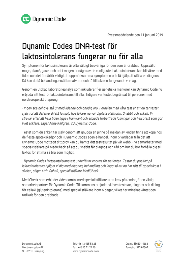 Dynamic Codes DNA-test för laktosintolerans fungerar nu för alla