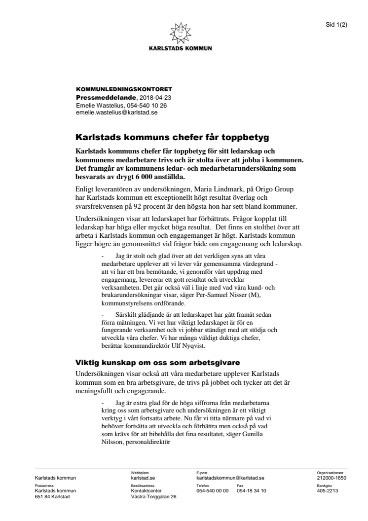 Karlstads kommuns chefer får toppbetyg