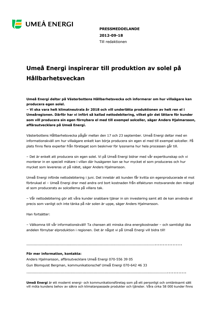 Umeå Energi inspirerar till produktion av solel på Hållbarhetsveckan
