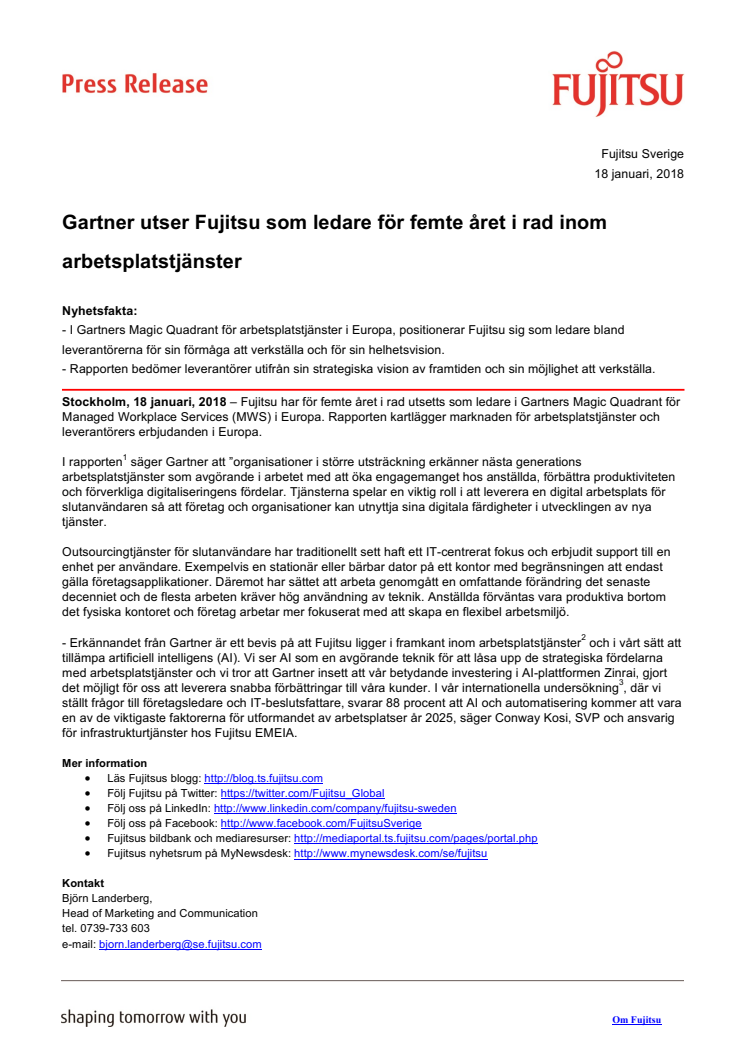 Gartner utser Fujitsu som ledare för femte året i rad inom arbetsplatstjänster