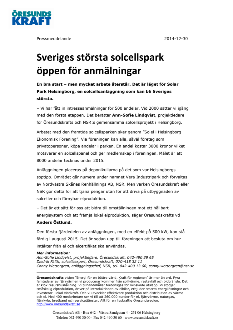 Sveriges största solcellspark öppen för anmälningar