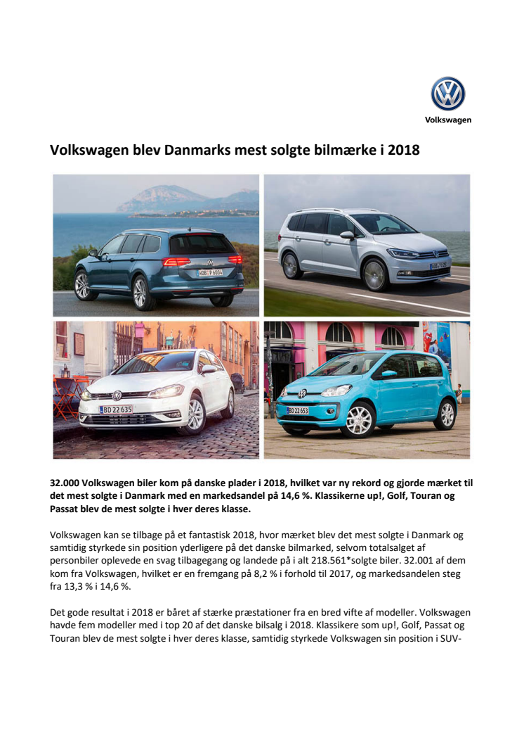 Volkswagen blev Danmarks mest solgte bilmærke i 2018
