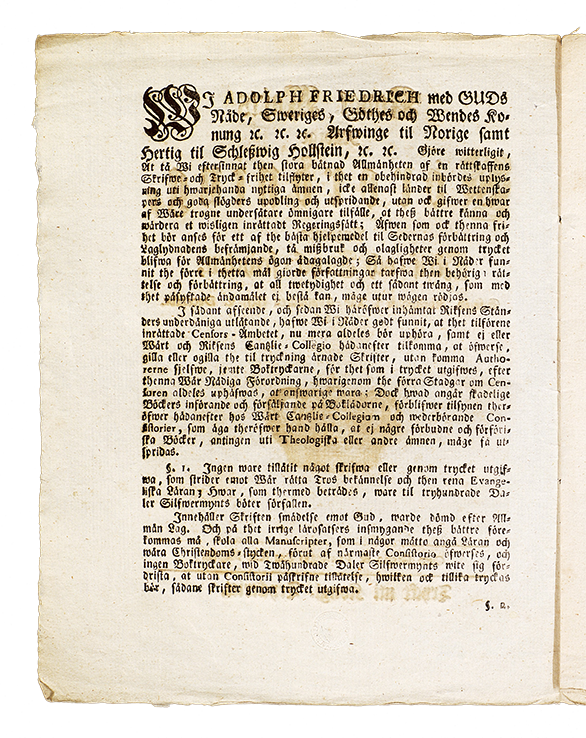Helsida ur tryckfrihetsförordningen 1766