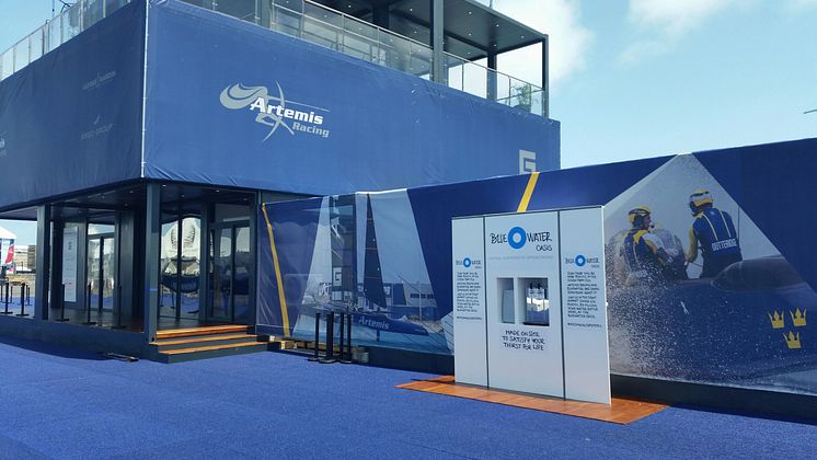 The Bluewater ‘Oasis’ hydration station serves free still and sparkling water to visitors at the Artemis Racing pavilion area in the America's Cup Village on Bermuda.