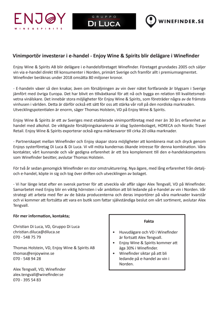 Vinimportör investerar i e-handel - Enjoy Wine & Spirits blir delägare i Winefinder