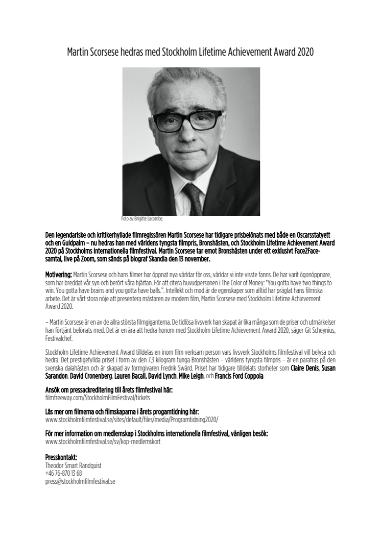 Martin Scorsese hedras med Stockholm Lifetime Achievement Award 2020