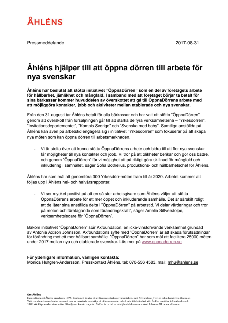 Åhléns hjälper till att öppna dörren till arbete för nya svenskar 