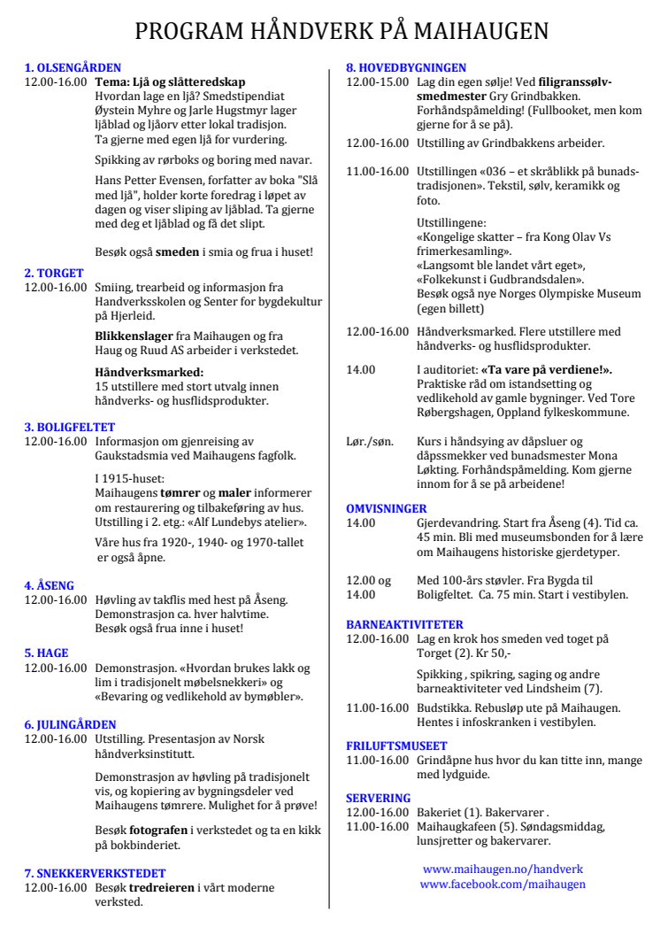 Program for Håndverk på Maihaugen 2016