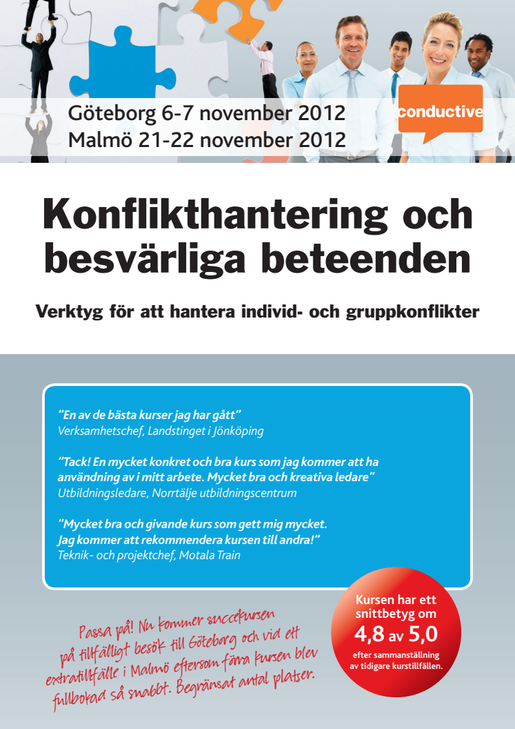 Konflikthantering och besvärliga beteenden, kurs i Göteborg 6-7 november och Malmö 21-22 november 2012