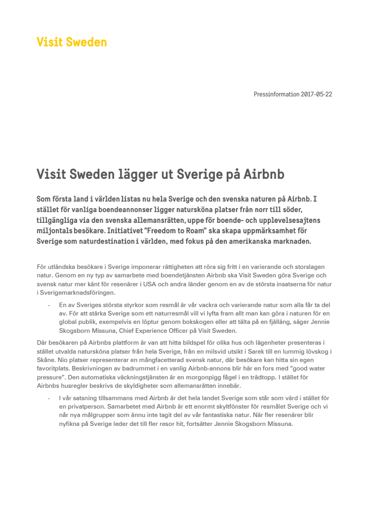 Visit Sweden lägger ut Sverige på Airbnb
