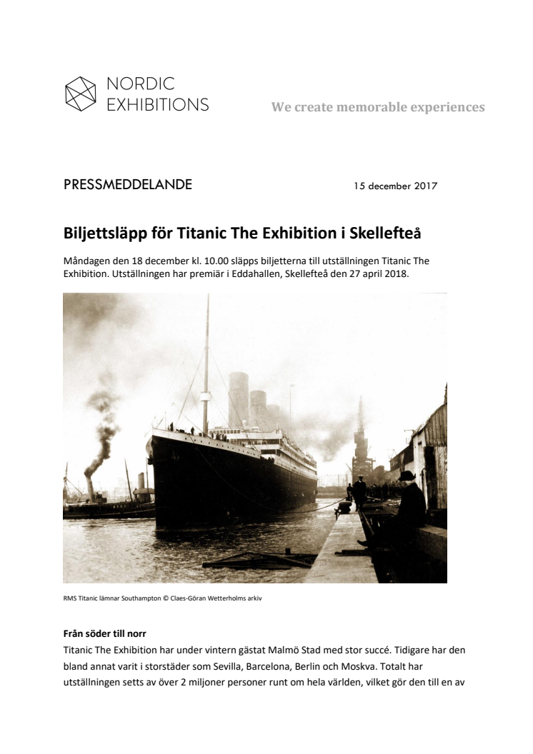 Biljettsläpp för Titanic The Exhibition i Skellefteå