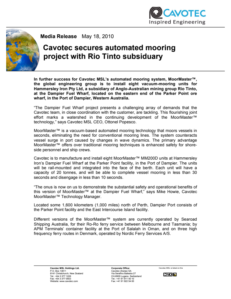 Cavotec secures automated mooring project with Rio Tinto subsiduary