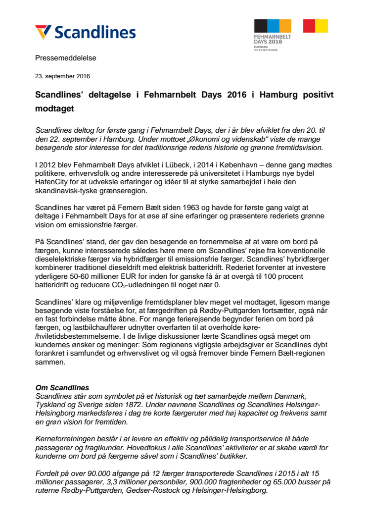 Scandlines’ deltagelse i Fehmarnbelt Days 2016 i Hamburg positivt modtaget
