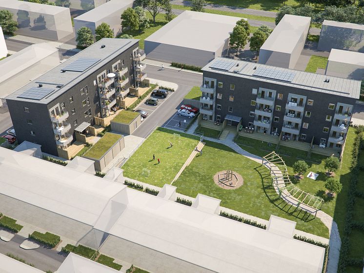 Illustration av de kommande lägenhetshusen i BoKlok Aroma, Drottninghög, Helsingborg. På bilden syns altaner/balkonger och gemensamma grönytor.