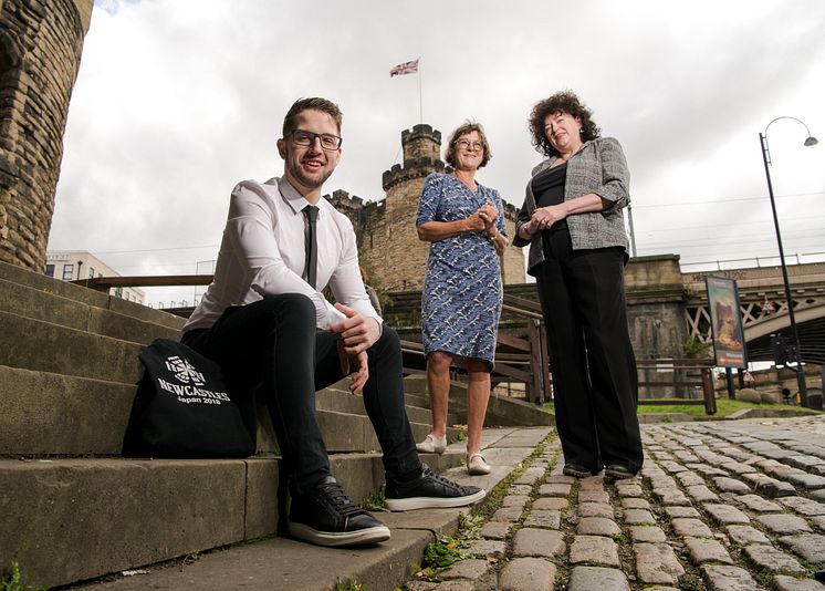 Northumbria University student Christopher Brownhill pictured with Caroline Theobald CBE and Zélie Guérin.