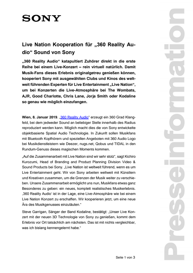 Live Nation Kooperation für „360 Reality Audio“ Sound von Sony