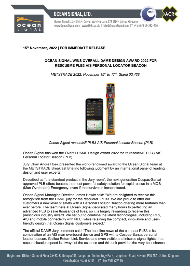 15 Nov 22 - METSTRADE - DAME - Ocean Signal Wins Overall DAME Design Award for rescueME PLB3.pdf