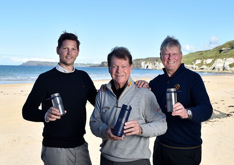 (L-R) Anders Jacobson, co-founder and CEO of Blue, the impact led investment company owning Bluewater, Tom Watson, Global Ambassador for The Open, and Martin Slumbers, Chief Executive of The R&A, launch The Open Water initiative at Portrush.