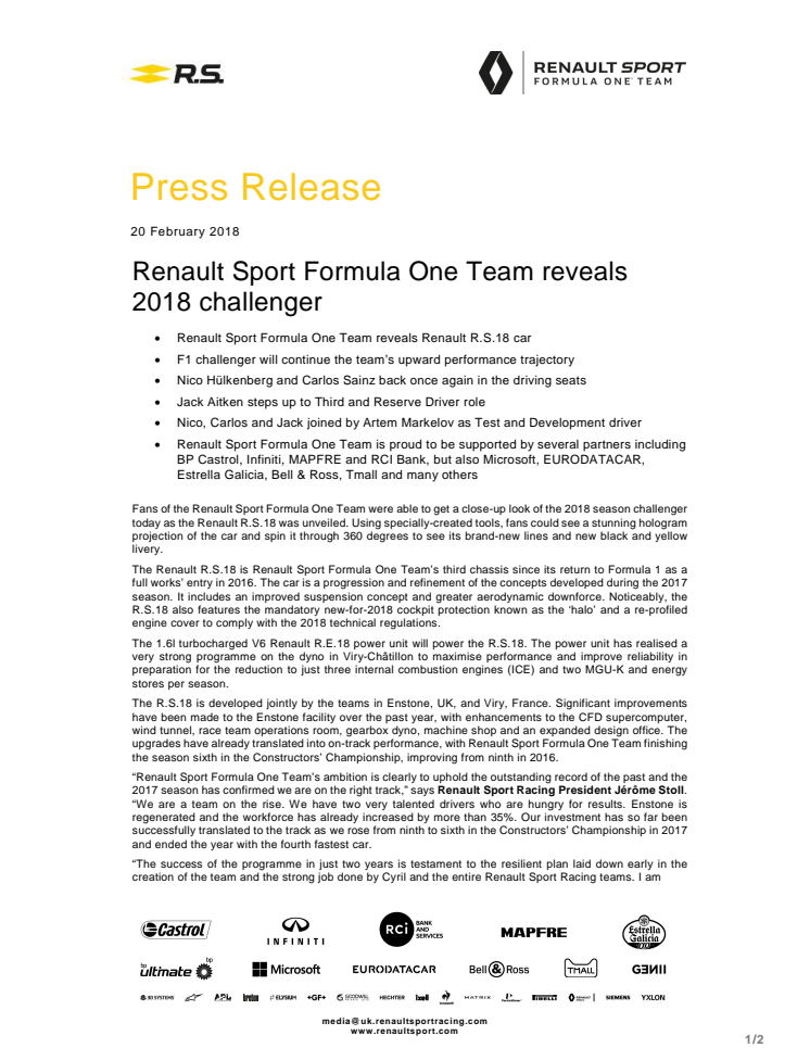 Renault Sport Formula One Team avslöjar 2018 års utmanare i F1