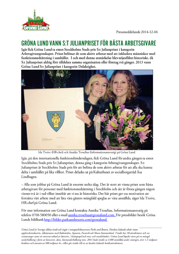 Gröna Lund vann S:t Julianpriset för bästa arbetsgivare