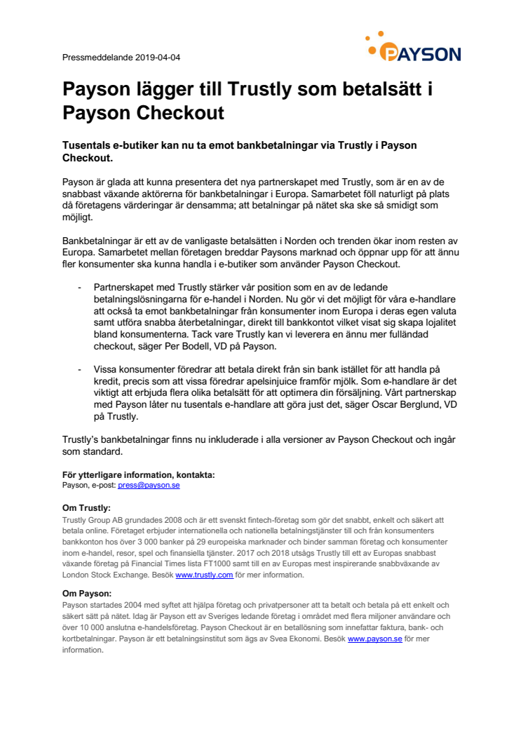 Payson lägger till Trustly som betalsätt i Payson Checkout