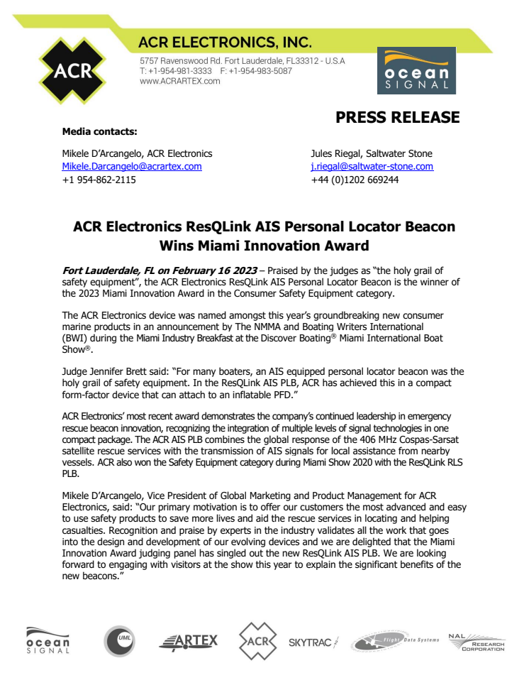 Feb 16 - ACR Electronics ResQLink AIS PLB Wins Miami Innovation Award.pdf