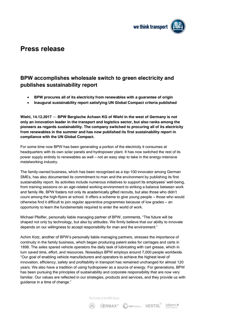 BPW accomplishes wholesale switch to green electricity and publishes sustainability report