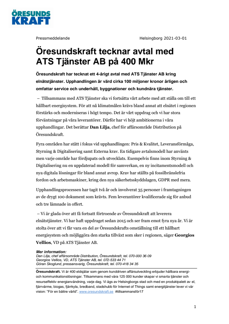 ​Öresundskraft tecknar avtal med ATS Tjänster AB på 400 Mkr