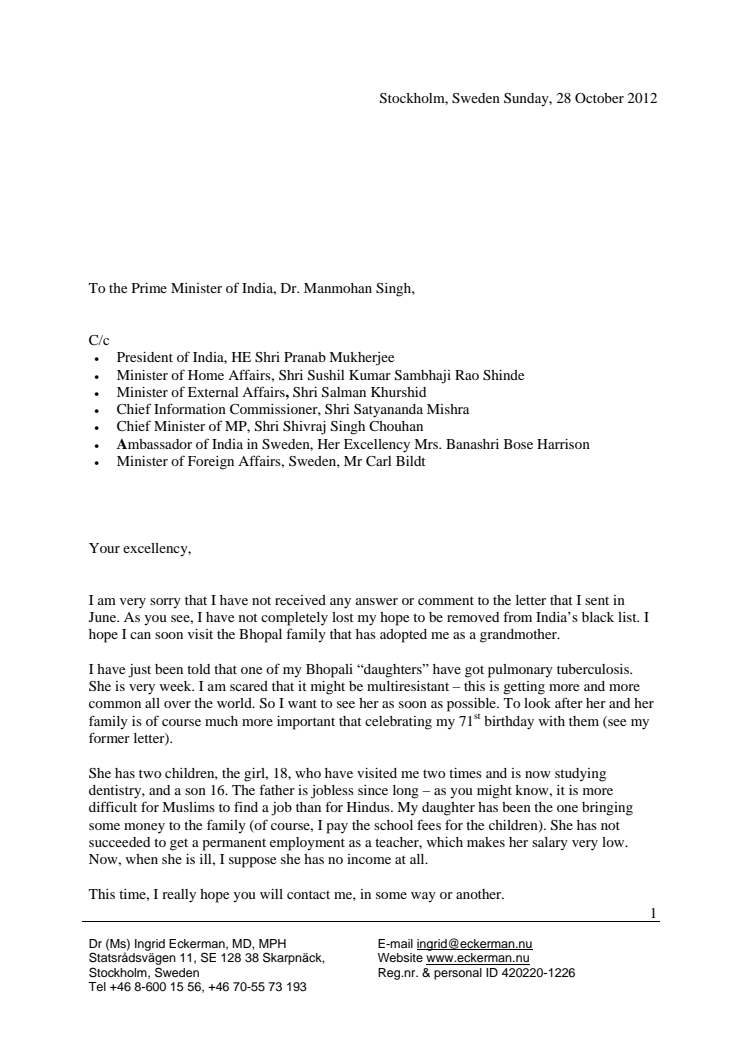 Letter to the Prime Minister of India, October 2012