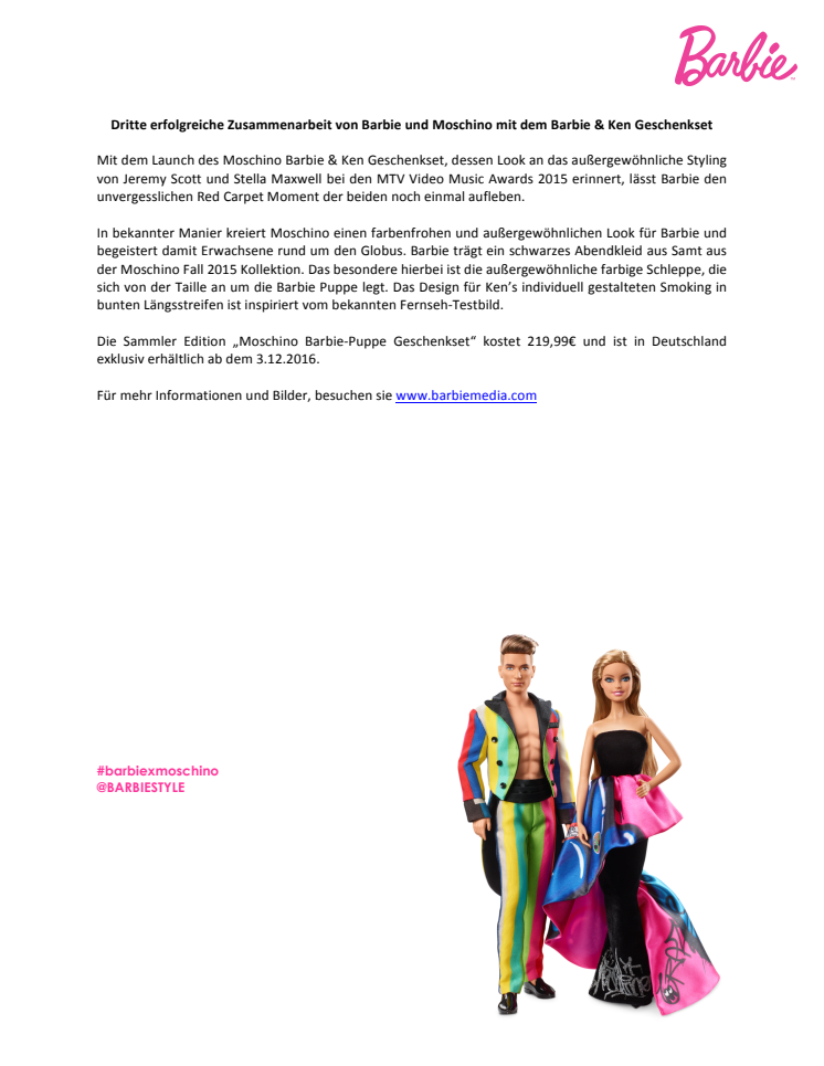 Dritte erfolgreiche Zusammenarbeit von Barbie und Moschino mit dem Barbie & Ken Geschenkset 