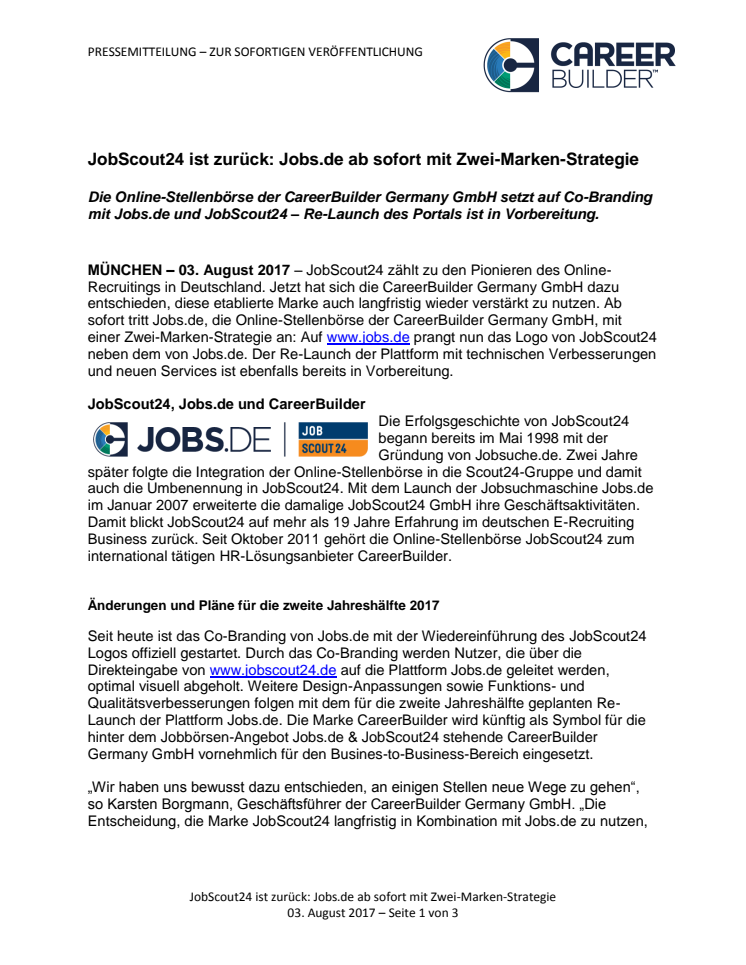 JobScout24 ist zurück: Jobs.de ab sofort mit Zwei-Marken-Strategie