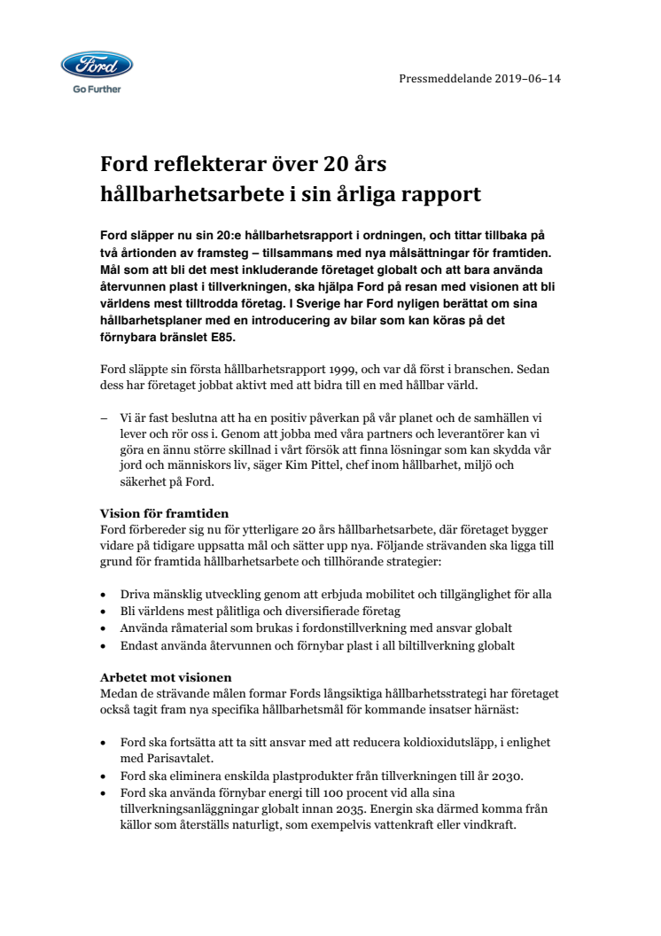 Ford reflekterar över 20 års hållbarhetsarbete i sin årliga rapport 
