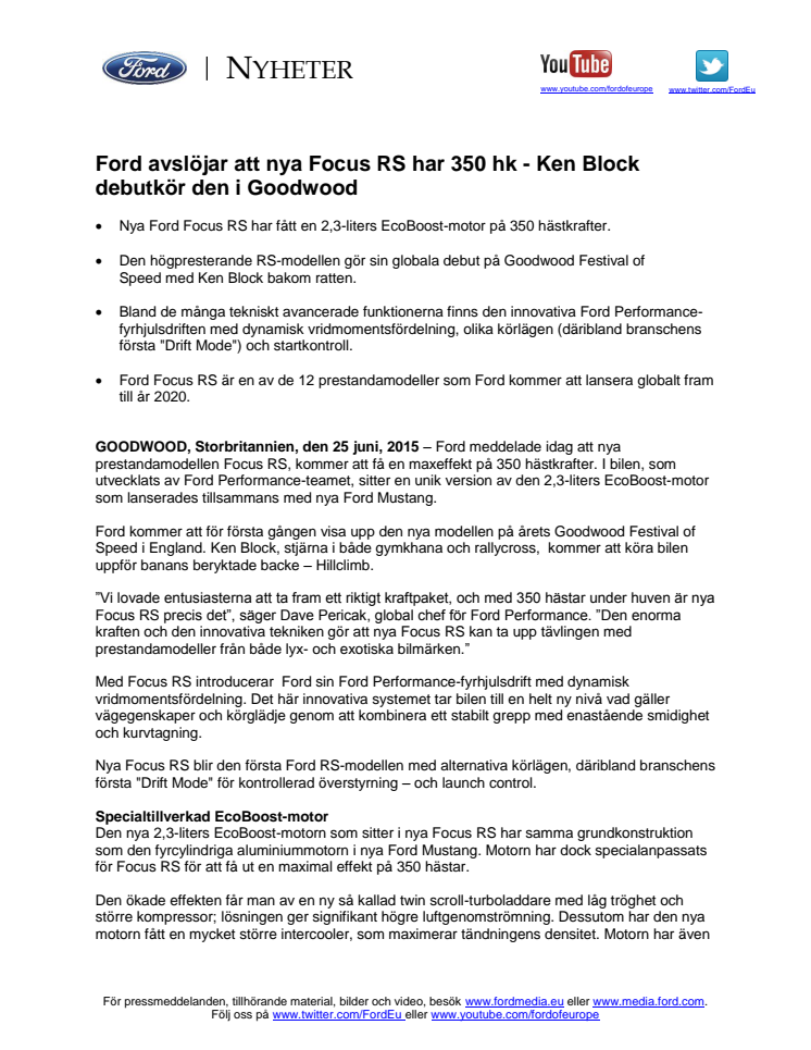 Ford avslöjar att nya Focus RS har 350 hk - Ken Block debutkör den i Goodwood