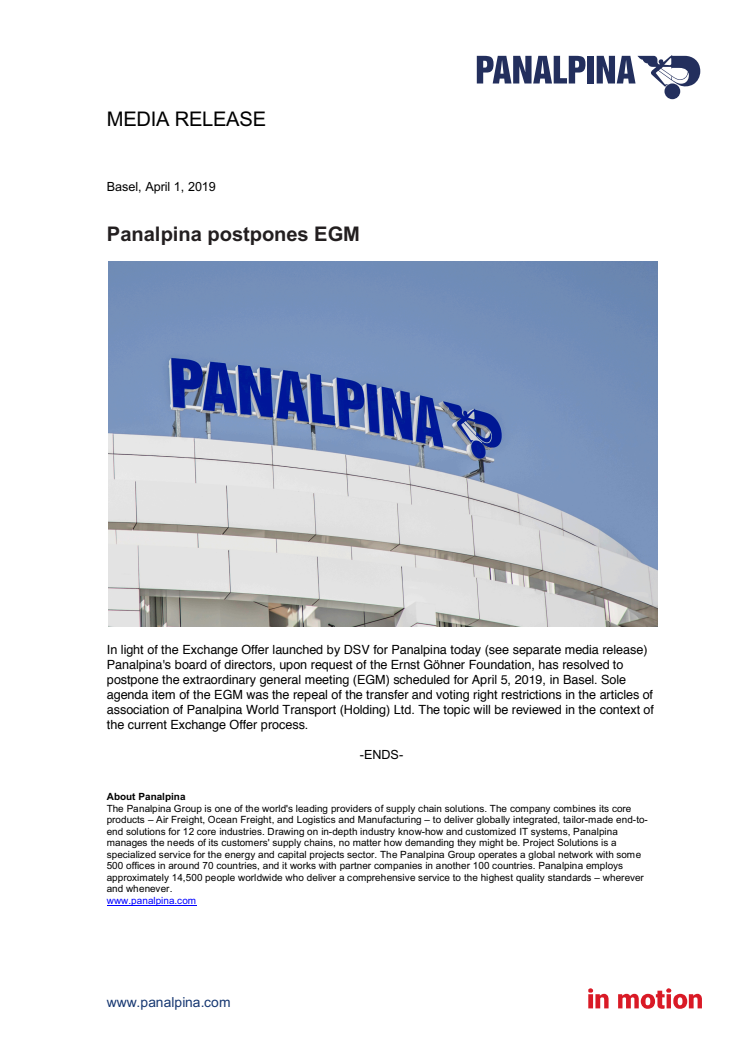 Panalpina postpones EGM