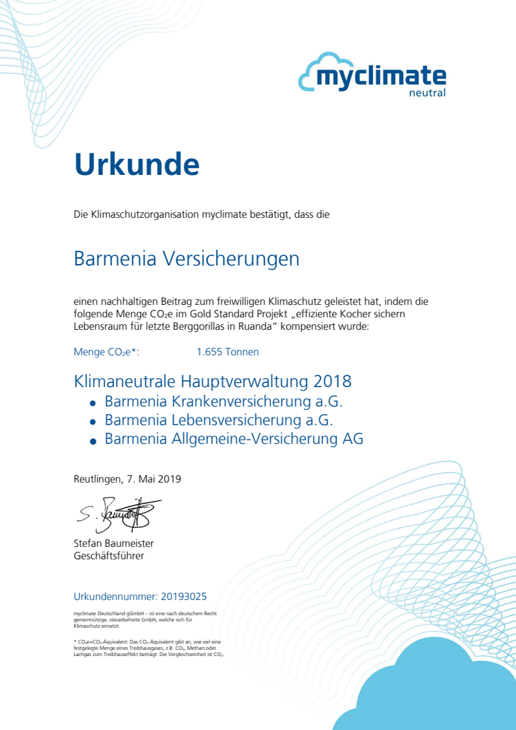 Urkunde über CO2-Kompensation aus 2018 von myclimate für Barmenia