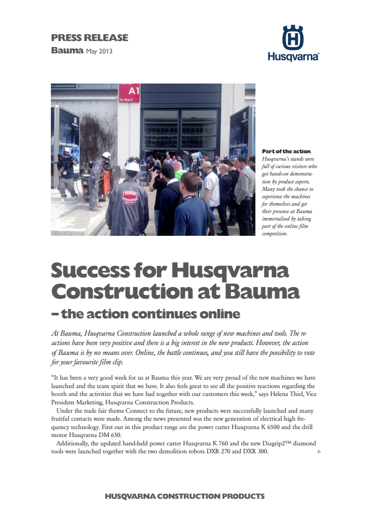 Success for Husqvarna Construction at Bauma – the action continues online