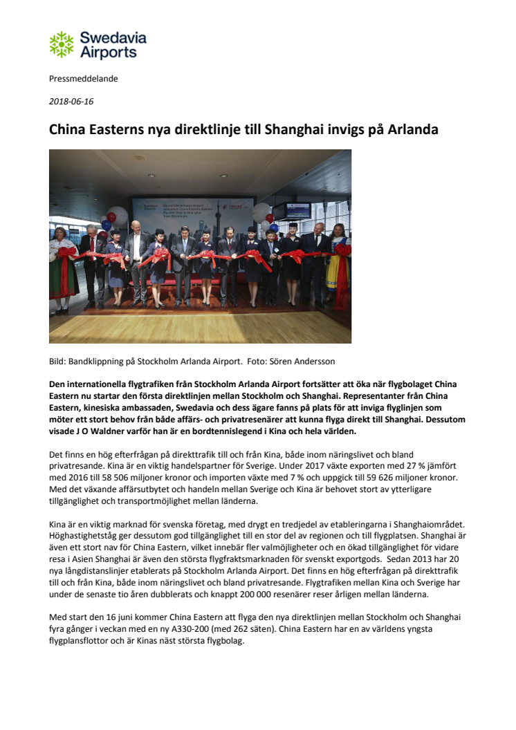 China Easterns nya direktlinje till Shanghai invigs på Arlanda 