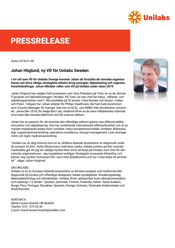 Johan Höglund, ny VD för Unilabs Sverige