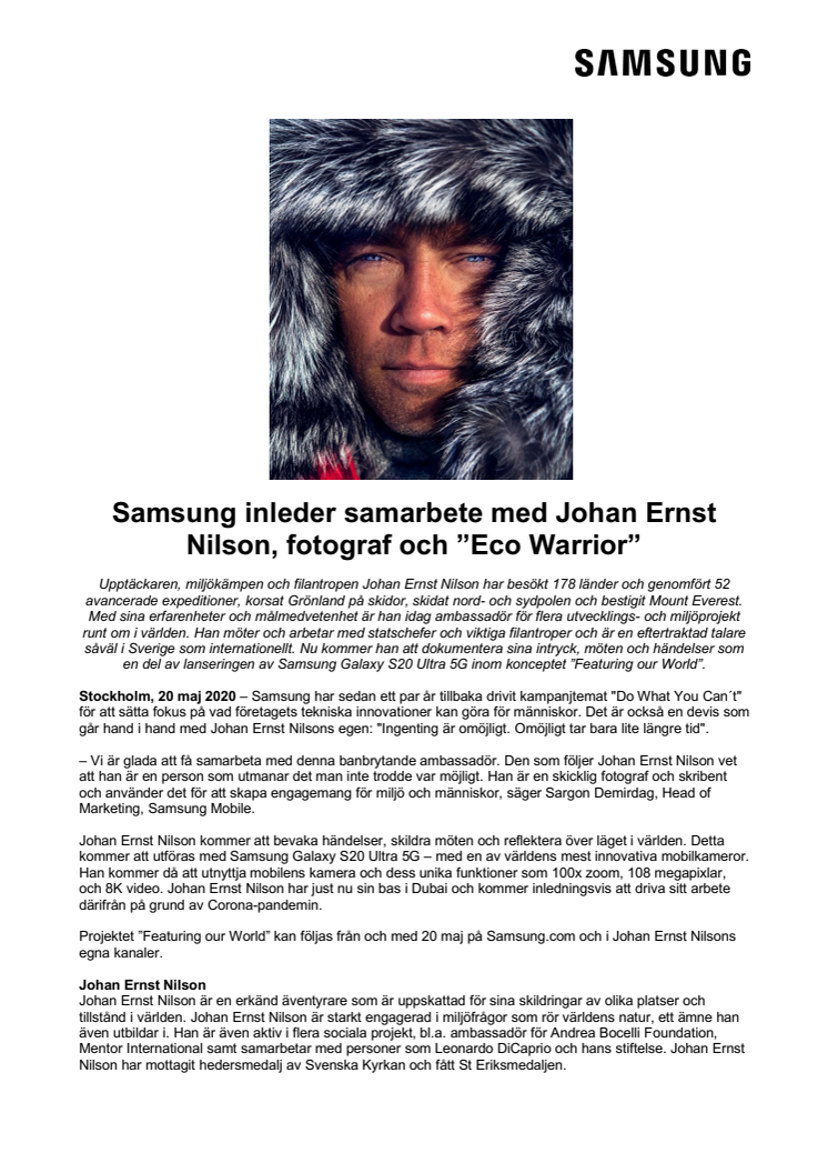 Samsung inleder samarbete med Johan Ernst Nilson, fotograf och ”Eco Warrior”