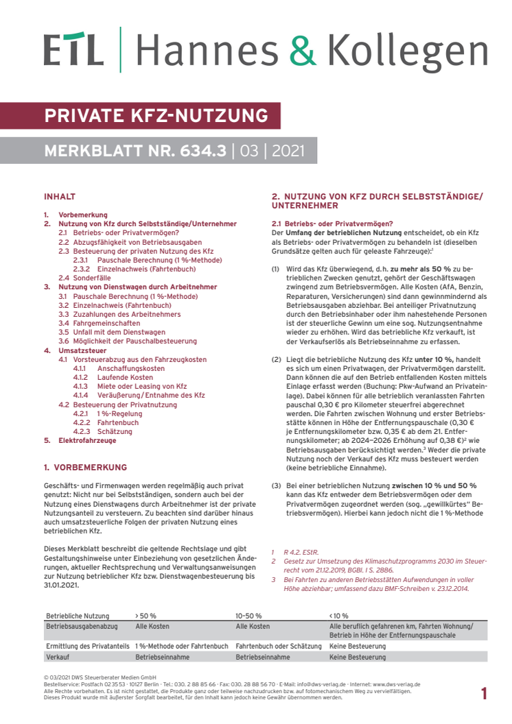 Merkblatt private KFZ-Nutzung im Steuerrecht