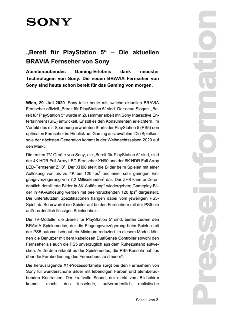 „Bereit für PlayStation 5“ – Die aktuellen BRAVIA Fernseher von Sony 